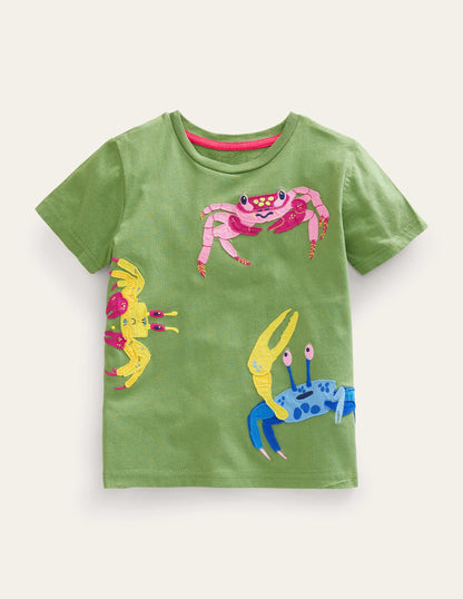 Appliqué Textured T-shirt-Safari Green Crabs