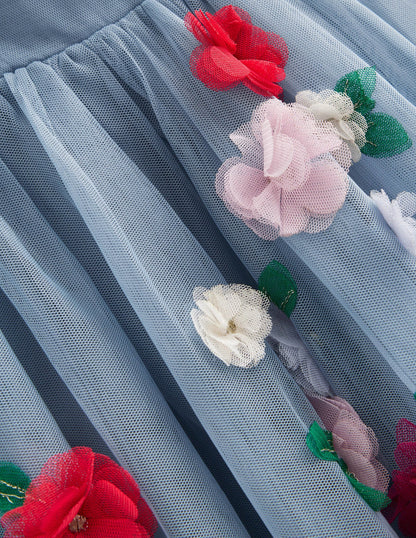 Appliqué Tulle Dress-Pebble blue