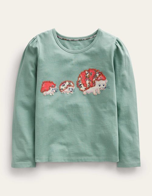 Appliqué Puff-Sleeve Top-Green Smoke Hedgehog