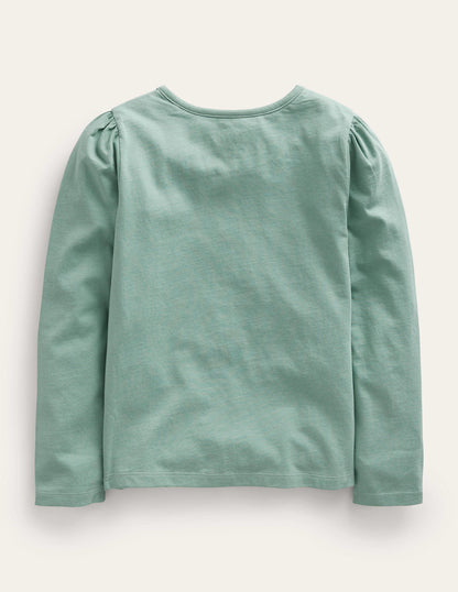 Appliqué Puff-Sleeve Top-Green Smoke Hedgehog