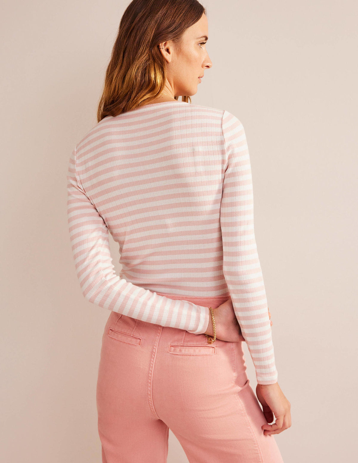 Anna Rib Crew T-Shirt-Ivory, Peach Skin Stripe