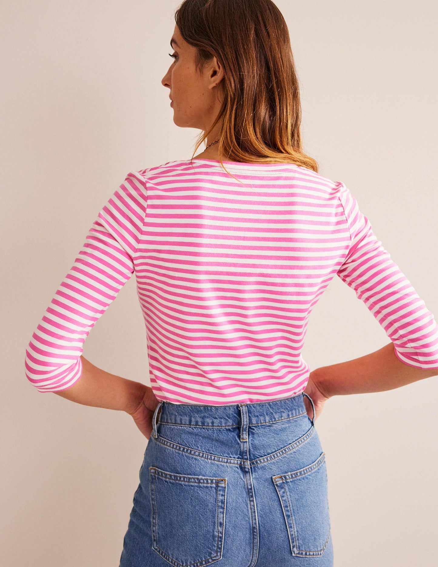 3/4 Sleeve Scoop Neck Top-Ivory, Pink