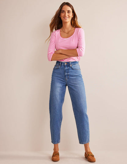 3/4 Sleeve Scoop Neck Top-Ivory, Pink
