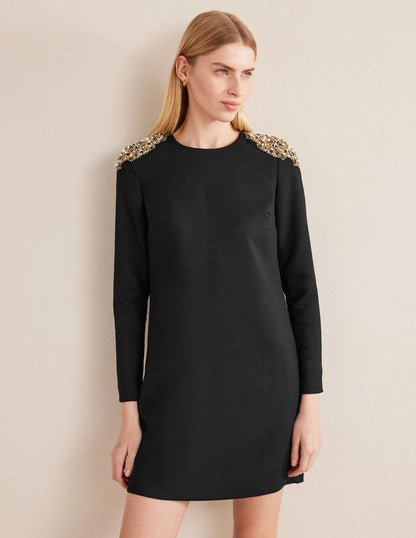 Beaded Mini Shift Dress-Black