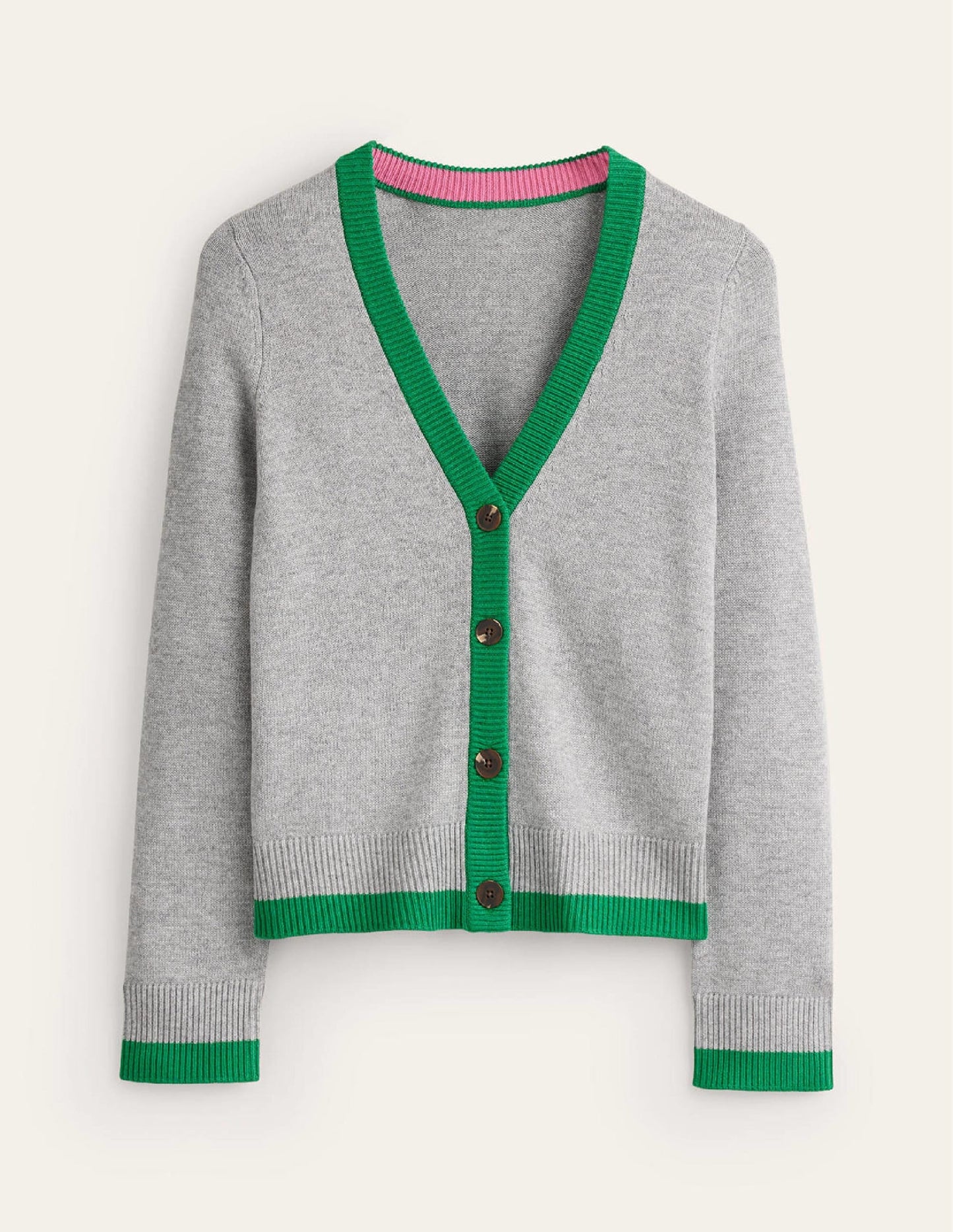 Alma Contrast Trim Cardigan-Grey Melange, Rich Emerald