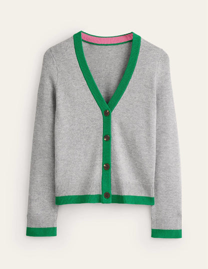 Alma Contrast Trim Cardigan-Grey Melange, Rich Emerald
