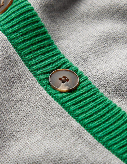 Alma Contrast Trim Cardigan-Grey Melange, Rich Emerald