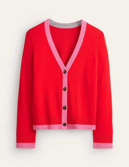Alma Contrast Trim Cardigan-Post Box Red, Party Pink