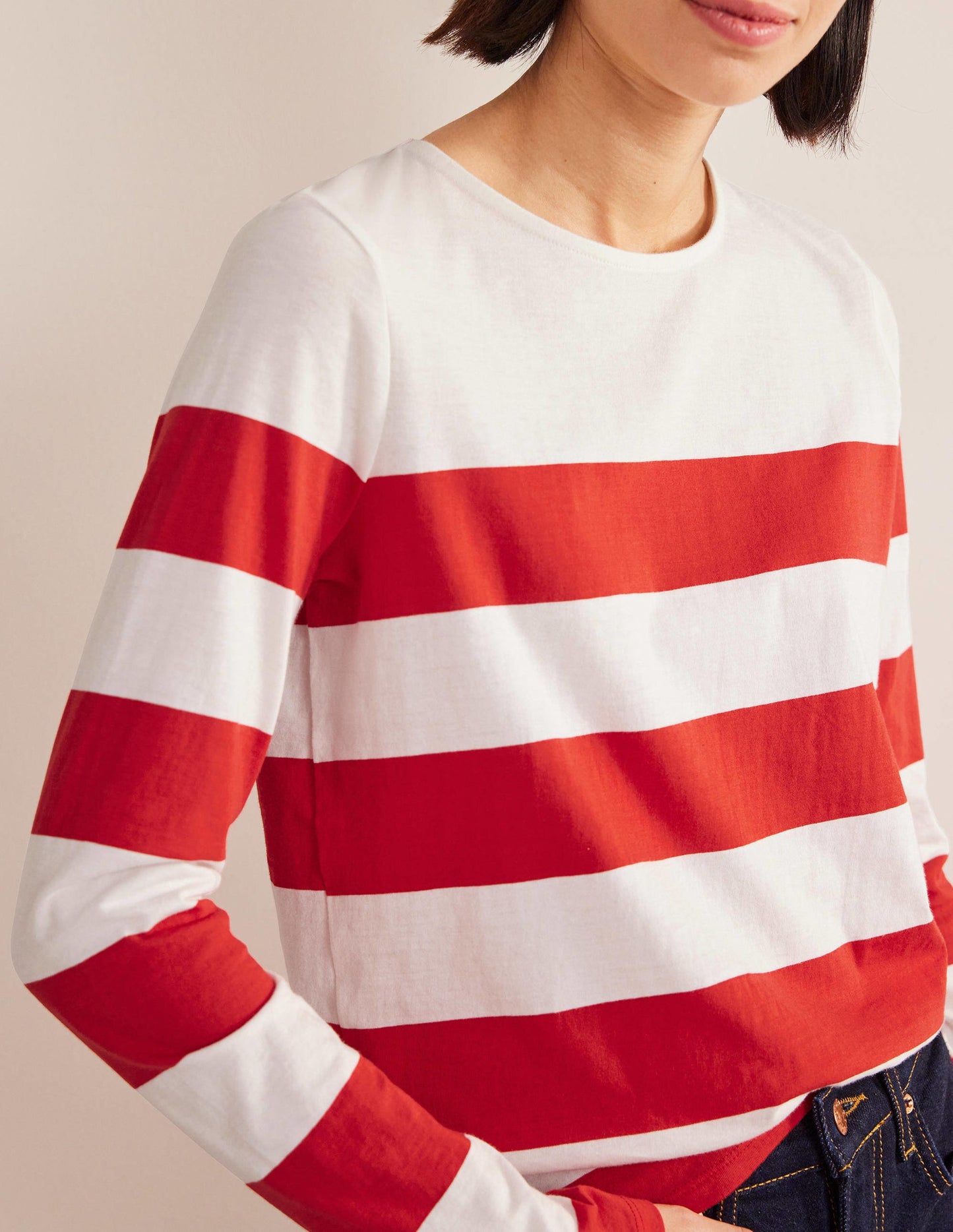 Bea Long Sleeve Breton-Red and Ivory, Wide Stripe
