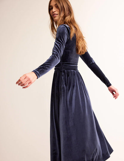 Abigail Velvet Midi Dress-Navy