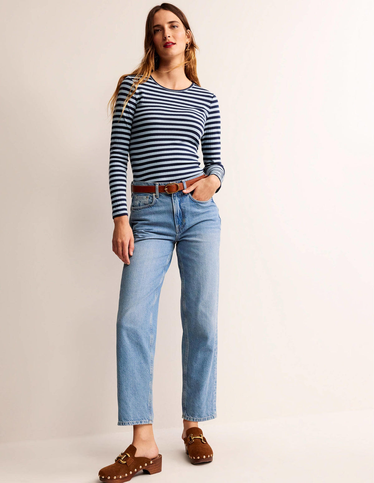 Anna Rib Crew T-Shirt-Heron Blue, French Navy