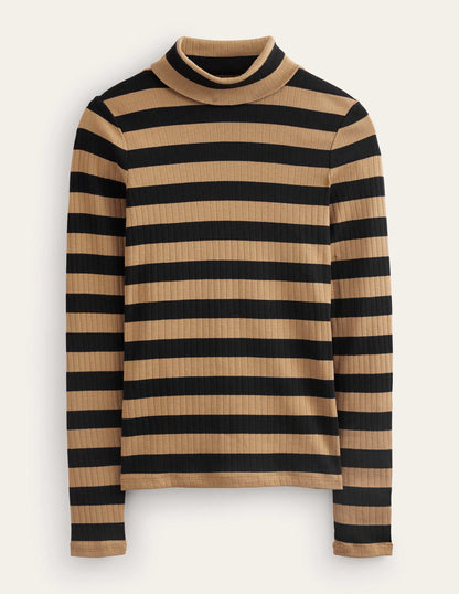Anna Rib Roll Neck Top-Camel, Black
