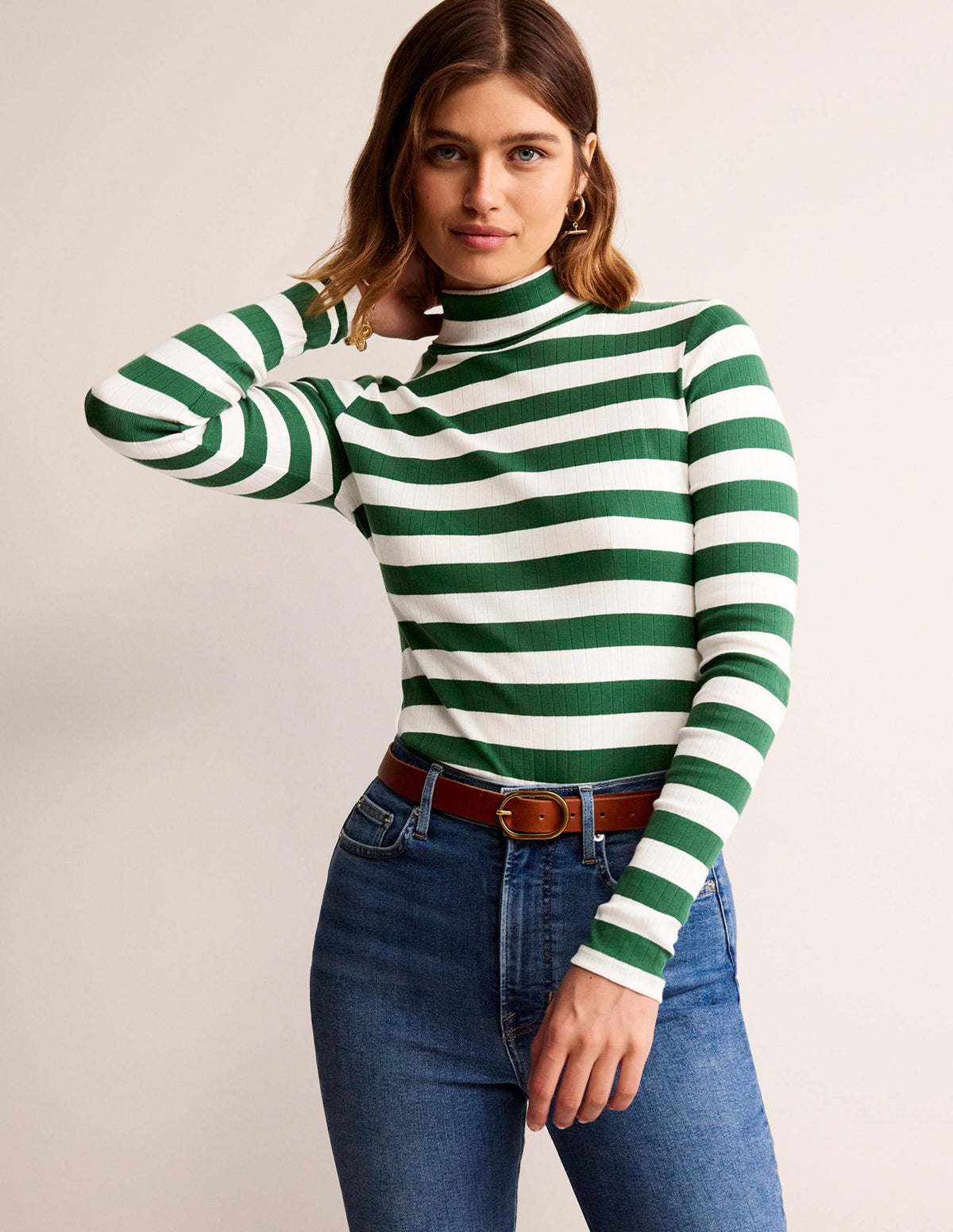 Anna Rib Roll Neck Top-Amazon Green, Ivory
