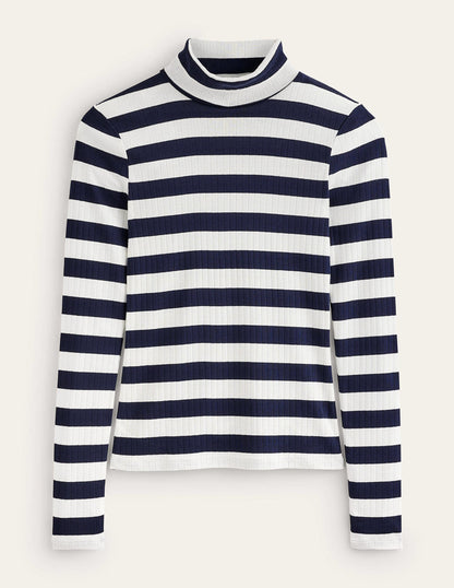 Anna Rib Roll Neck Top-Navy, Ivory