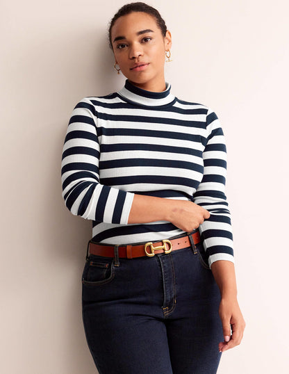 Anna Rib Roll Neck Top-Navy, Ivory