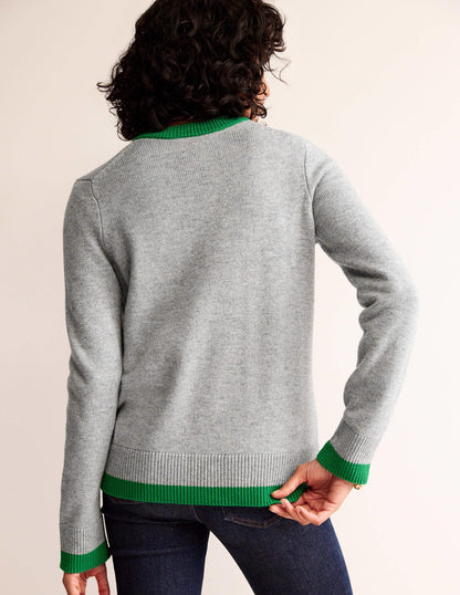 Alma Contrast Trim Cardigan-Grey Melange, Rich Emerald