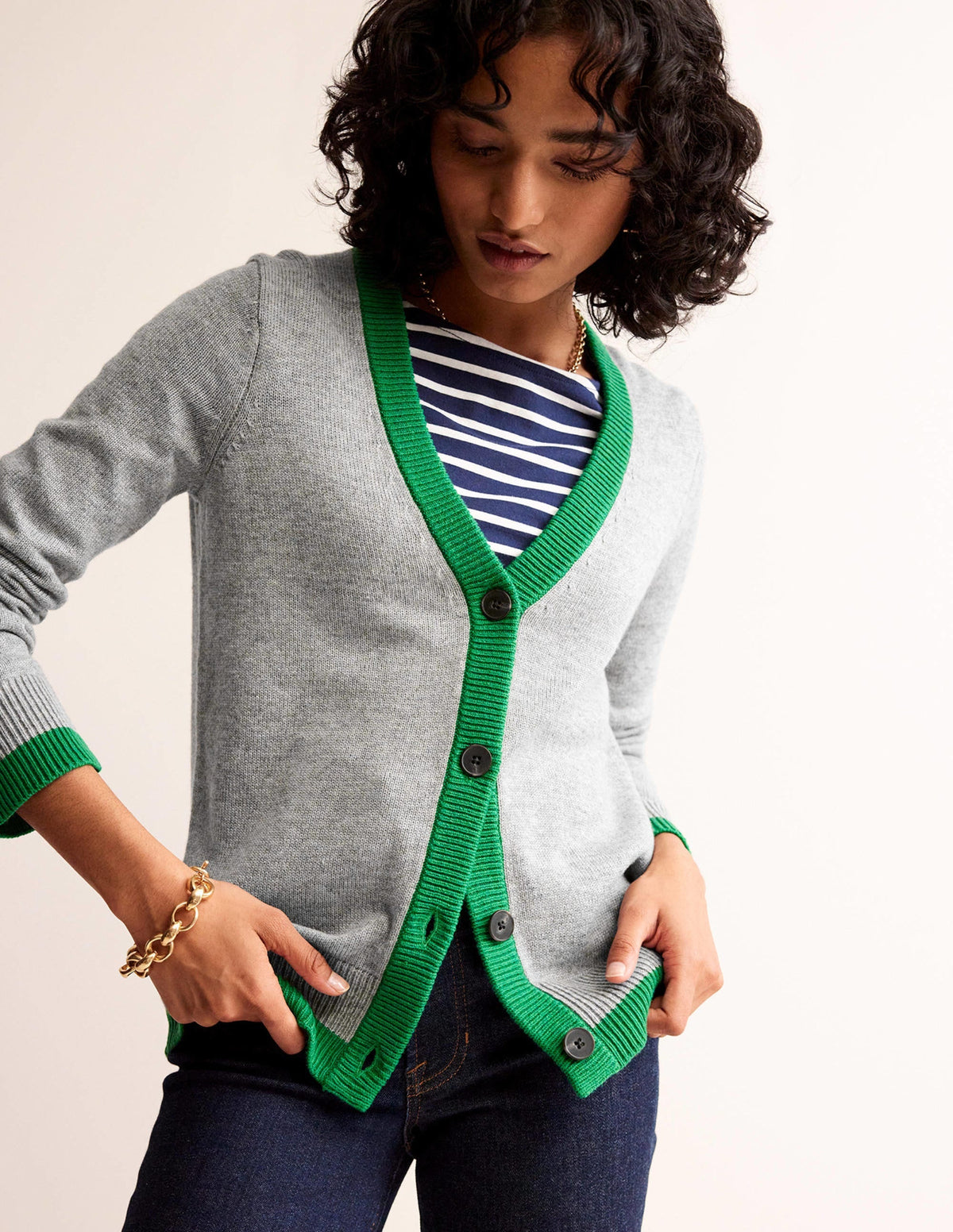 Alma Contrast Trim Cardigan-Grey Melange, Rich Emerald