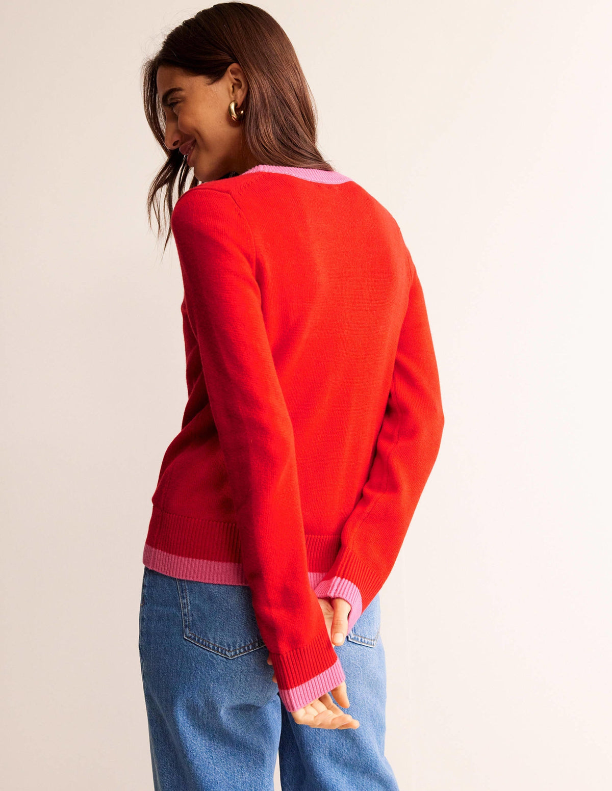 Alma Contrast Trim Cardigan-Post Box Red, Party Pink