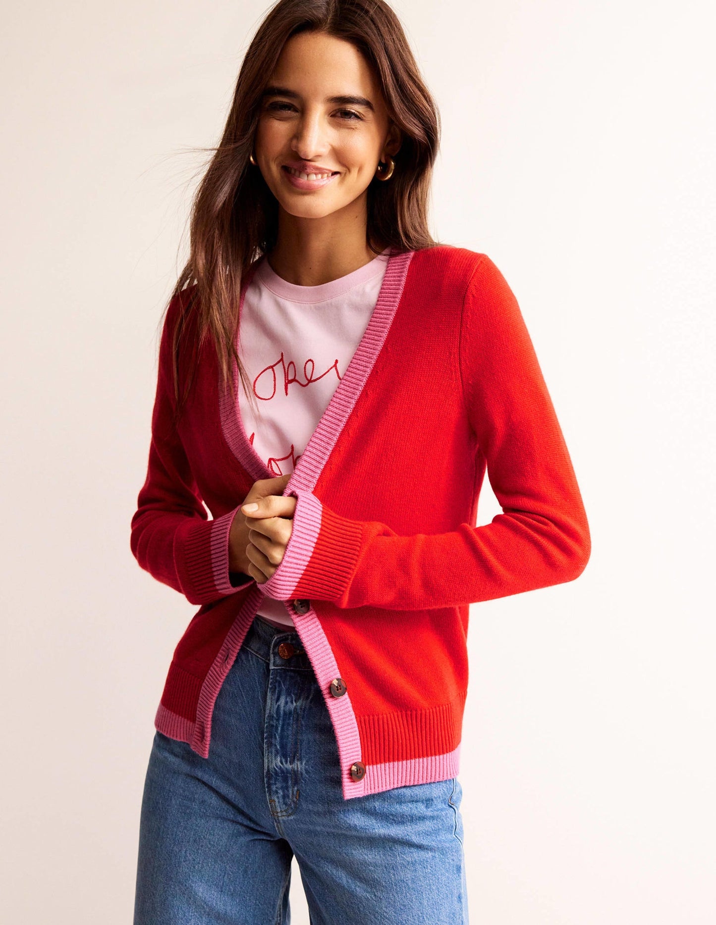 Alma Contrast Trim Cardigan-Post Box Red, Party Pink