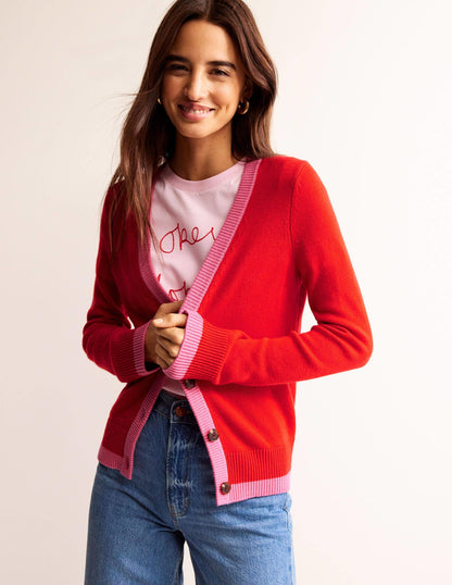 Alma Contrast Trim Cardigan-Post Box Red, Party Pink
