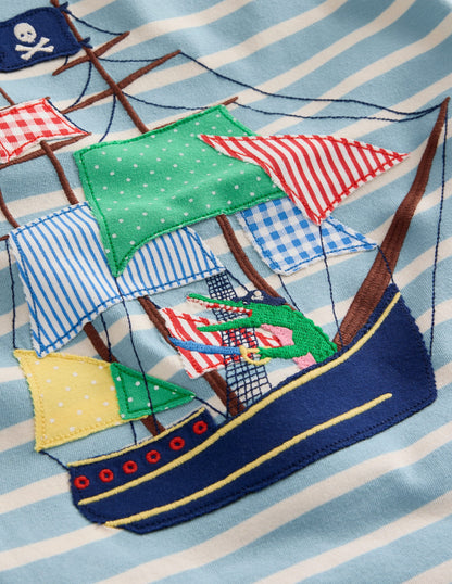 Appliqué Pirate Ship T-shirt-Vintage Blue/ Ivory Stripe