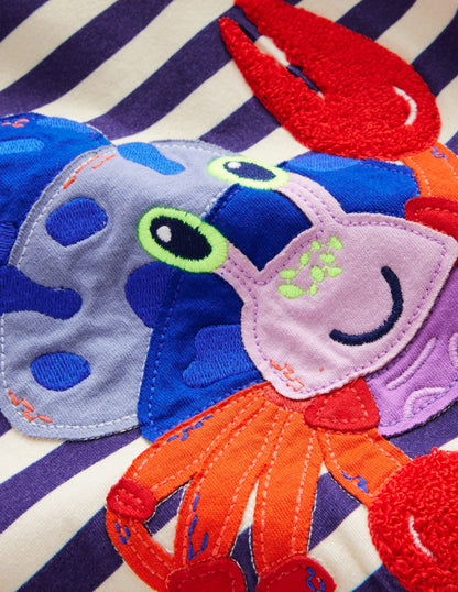 Appliqué Crab T-shirt-Sapphire Blue/Ivory Crabs