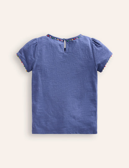 Ali Puff Sleeve Pom T-Shirt-Soft Starboard Blue
