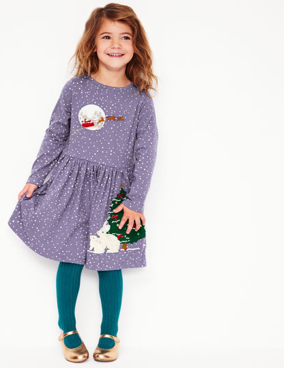 Appliqué Hem Jersey Dress-Soft Starboard Blue Christmas