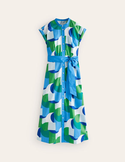 Amanda Cotton Midi Shirt Dress-Blue, Geometric Swirl