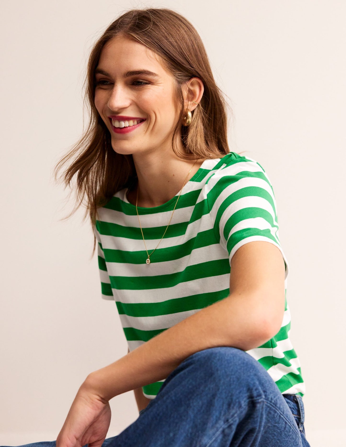 Bea Short Sleeve Breton-Ivory, Green Stripe