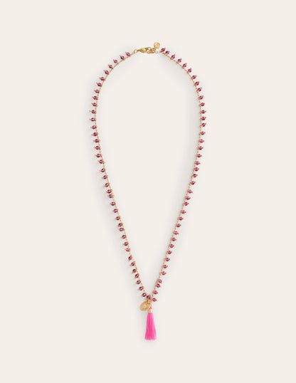 Beaded Tassel Necklace-Pink