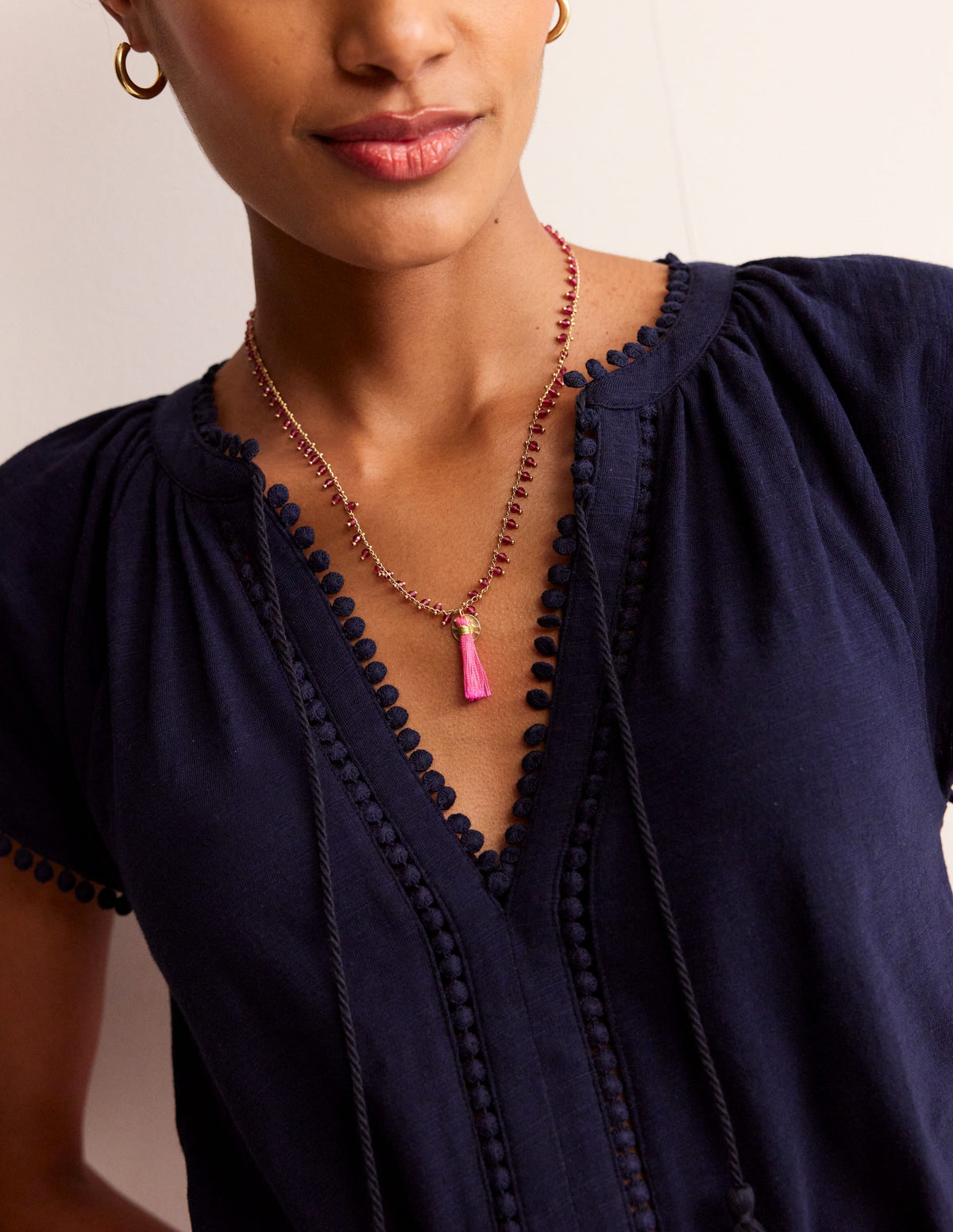 Beaded Tassel Necklace-Pink