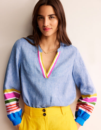 Alice Linen Top-Blue and Varigated Multistripe