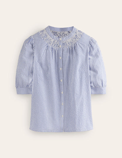Ada Seersucker Top-Bright Blue, Ivory