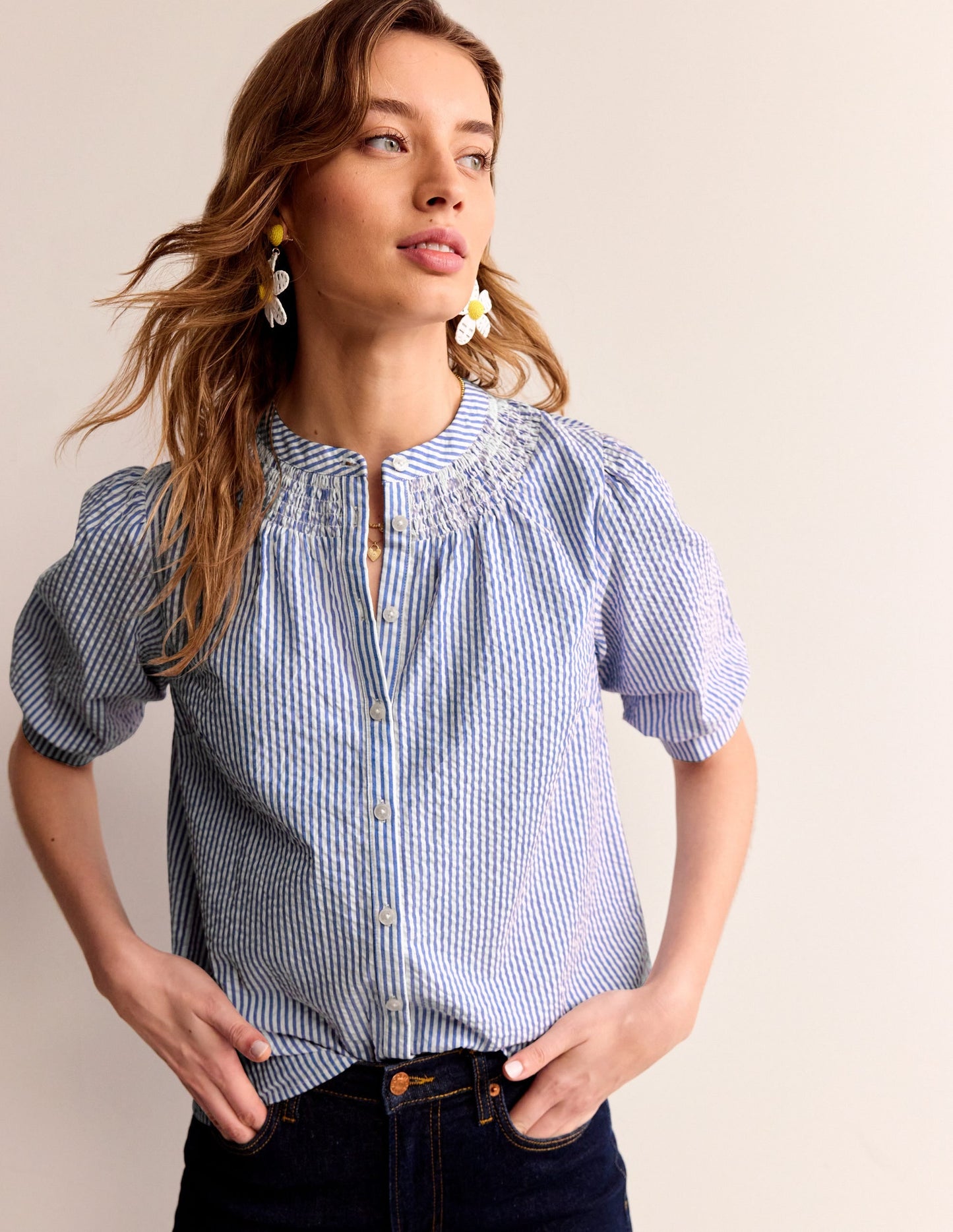 Ada Seersucker Top-Bright Blue, Ivory