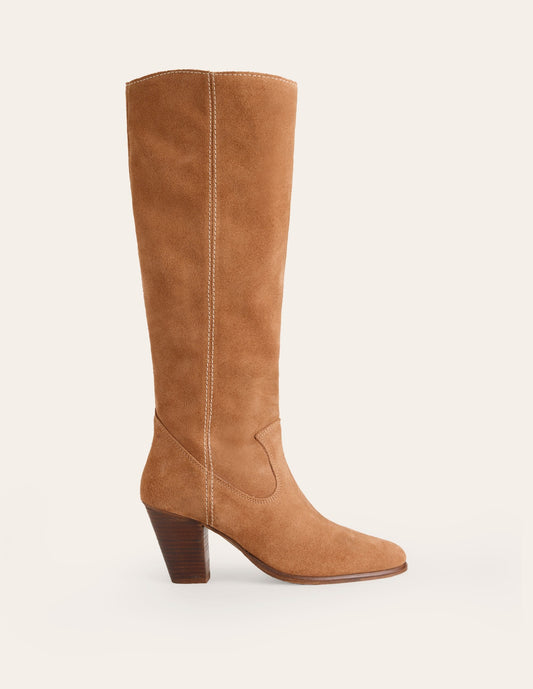 Almond Toe Heeled Knee Boots-Tan
