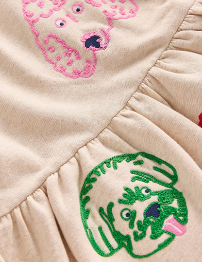 Applique Sweatshirt Dress-Oatmeal Dog faces