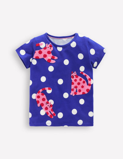 Bay Boucle T-Shirt-Bright Blue Spotty Cats