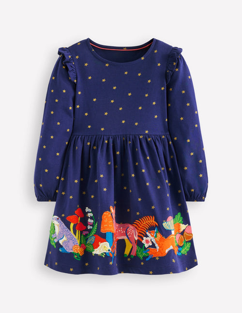 Appliqué Jersey Dress-College Navy Animals