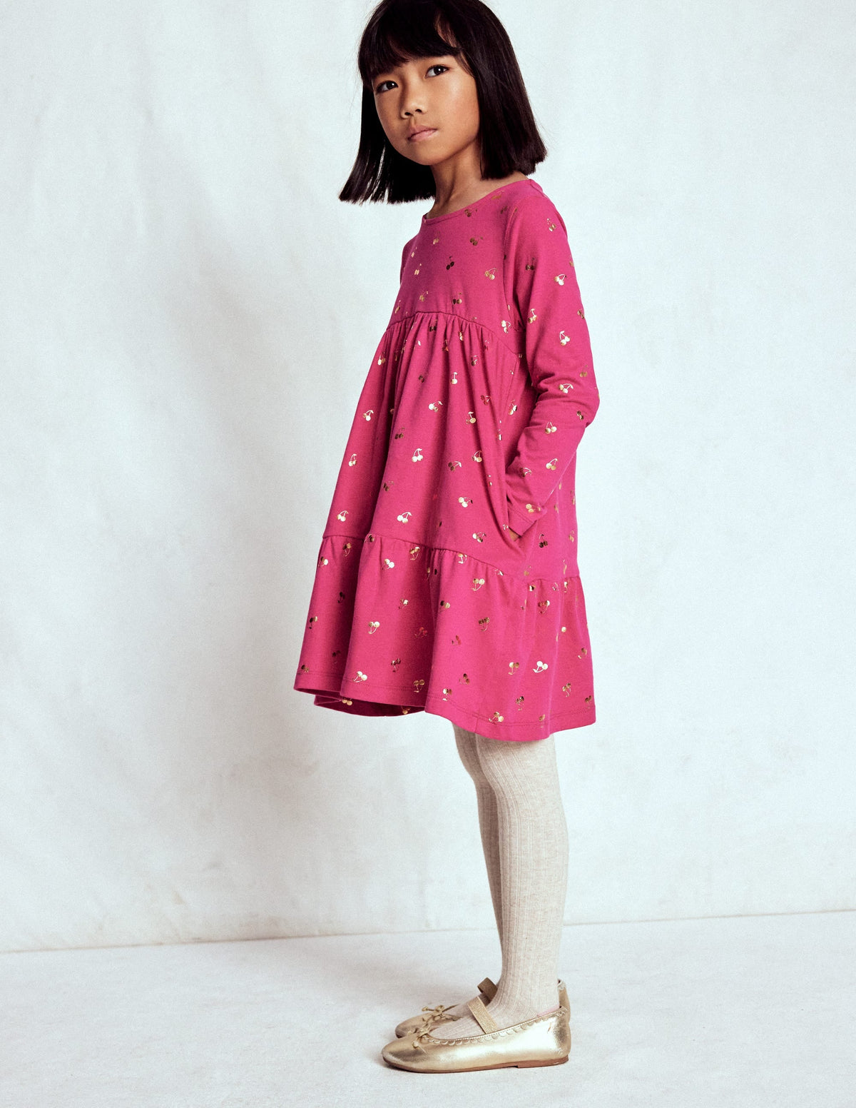 Ariel Long Sleeve Twirly Dress-Cherry Jam Foil Cherries