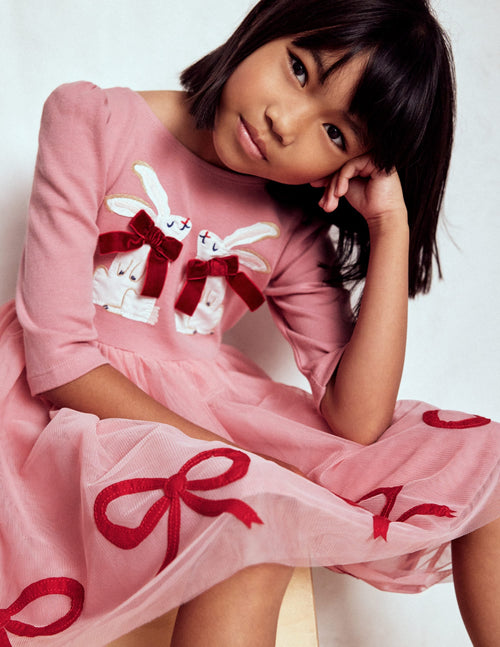 Appliqué Tulle Dress-Bubblegum Pink Bunnies