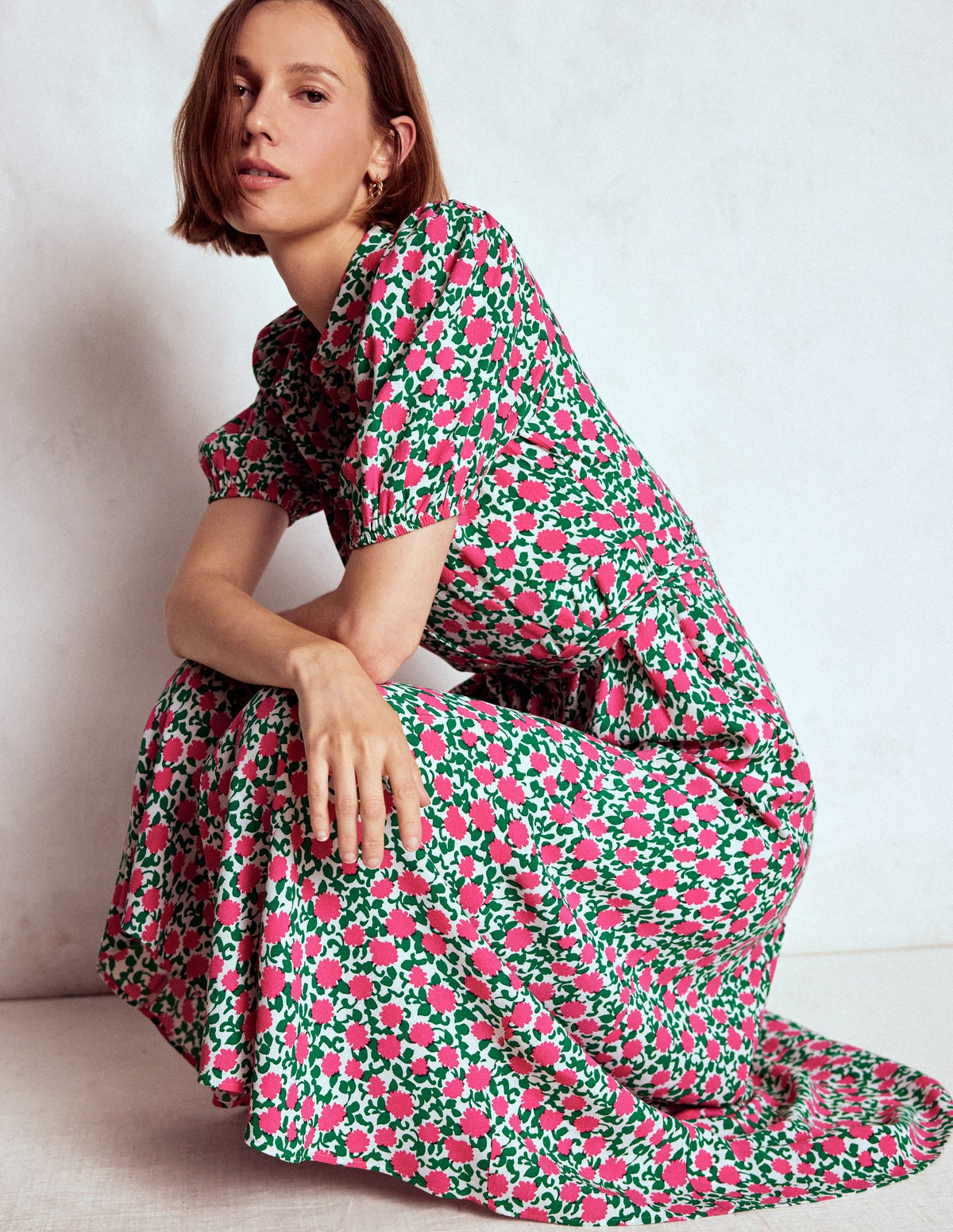 Alegra Midi Shirt Dress-Pink Ribbon, Floweret Vine