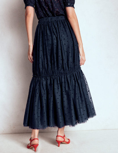 Anna Tulle Midi Skirt-Navy Flocked Spot