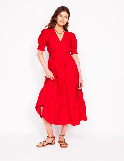 Anna Linen Tiered Midi Dress-Poppy Red