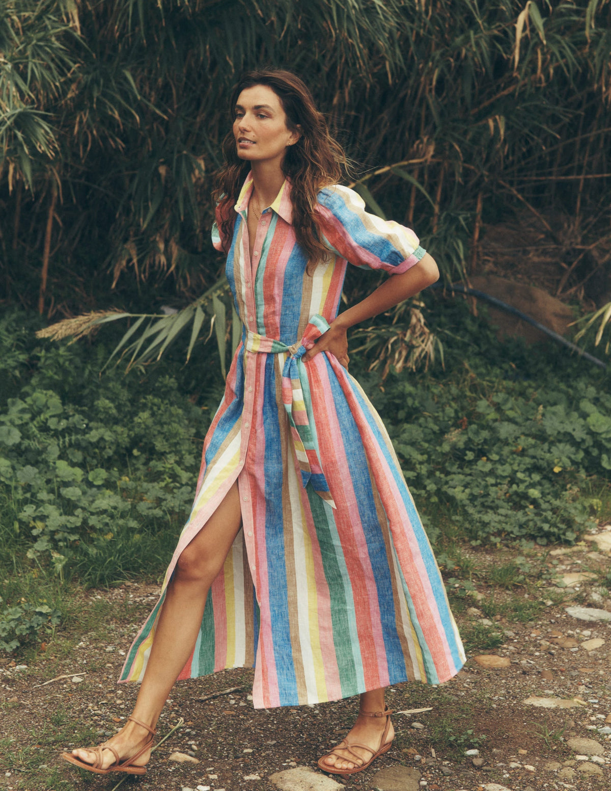 Alexa Linen Maxi Shirt Dress-Bright Rainbow Stripe