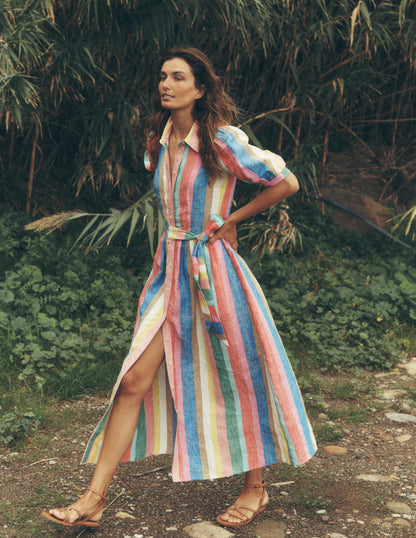 Alexa Linen Maxi Shirt Dress-Bright Rainbow Stripe