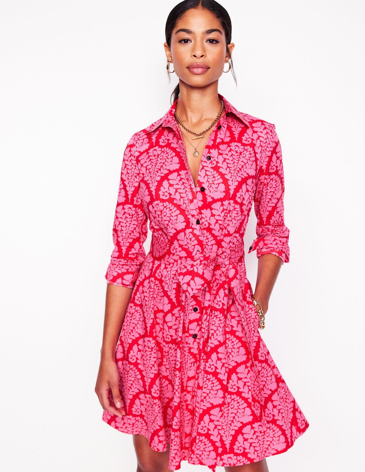 Amy Cotton Short Shirt Dress-Poppy Red, Blossomy