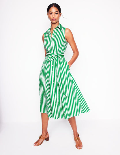 Amy Sleeveless Shirt Dress-Rich Emerald Stripe