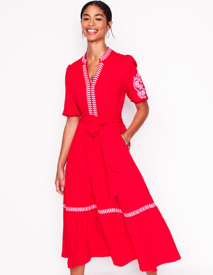 Amara Embroidered Jersey Dress-Poppy Red, Pink Peony