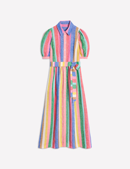Alexa Linen Maxi Shirt Dress-Bright Rainbow Stripe